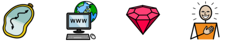 Symbols for: Dali clock, web, ruby, happy