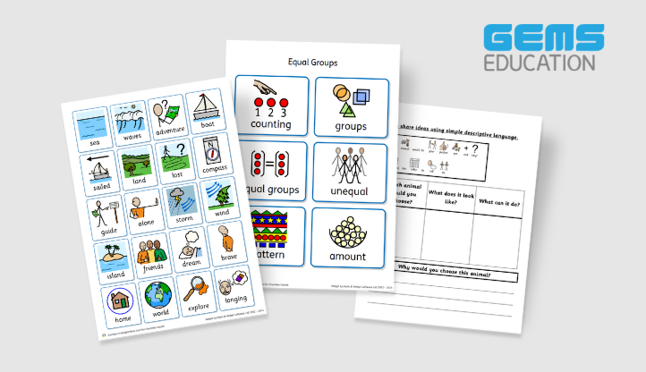 Three educational worksheets: The first worksheet includes symbols related to a sea adventure theme. The second worksheet focuses on maths, illustrating Equal Groups with symbols for counting, groups, unequal, and pattern. The third worksheet encourages using descriptive language, with spaces for students to write about animals and their characteristics.