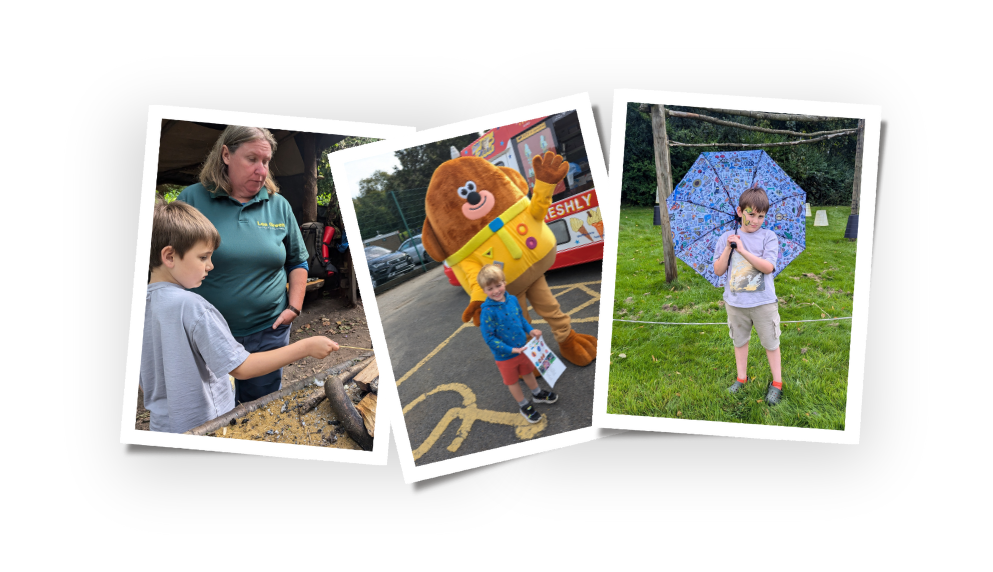 A collage of three photos: 1. Young boy learning outdoor skills with a guide 2. Child with a large mascot outside a building 3. Boy holding a colourful Widgit umbrella on grass